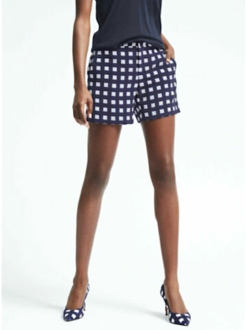 BANANA REPUBLIC Navy & White Large Gingham Print Shorts 4 Pocket US Sz 14